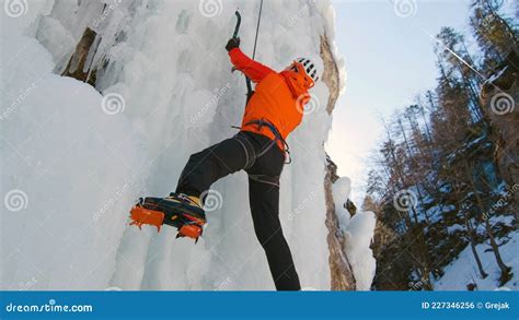 Climber Swinging The Ice Axes Stock Photo Image Of Icefall