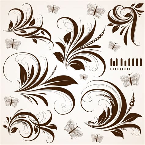 Pattern Design Elements Flowers Feather Icons Classical Curves Vectors