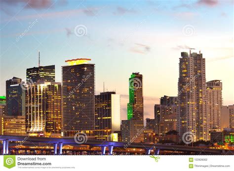 Skyline Of Downtown Miami At Dusk Stock Photo Image Of Outdoors