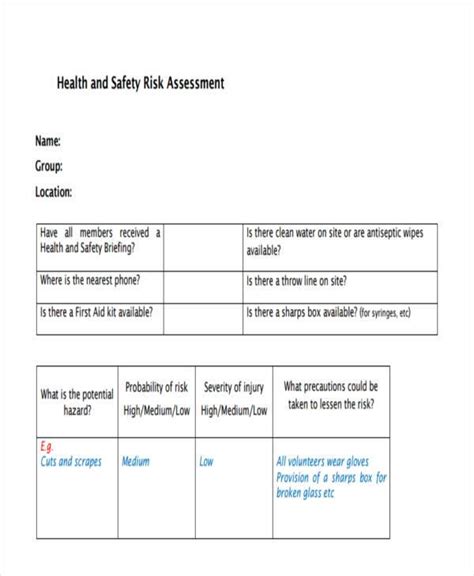 Free Sample Health And Safety Risk Assessment Forms In Pdf Ms Word