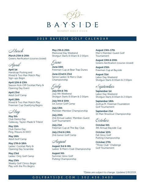 Bayside 2019 Golf Calendar Live Bayside