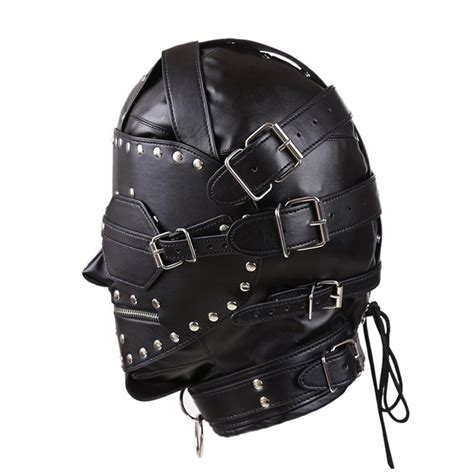 Pu Leather Bdsm Bondage Mask Full Head Harness Fetish With Blindfold