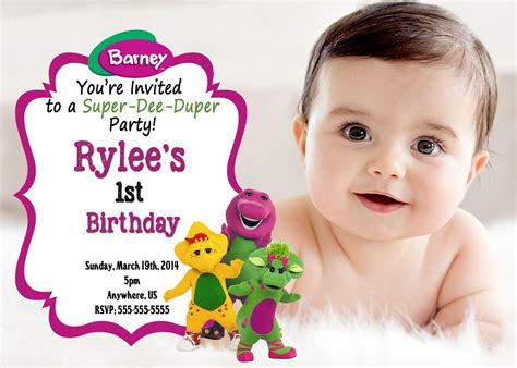 Barney Birthday Invitations Barney Digital Invitations Barney
