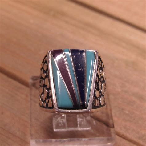 Vintage Sterling Silver Block Inlay Mens Ring Size 115 Etsy