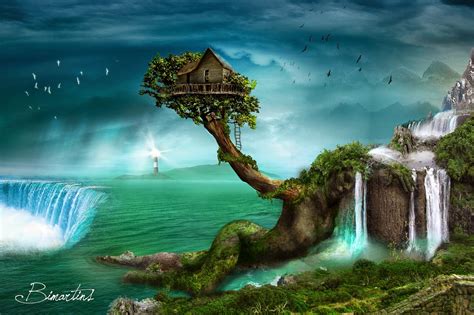 Wallpaper Trees Fall Mountains Digital Art Birds