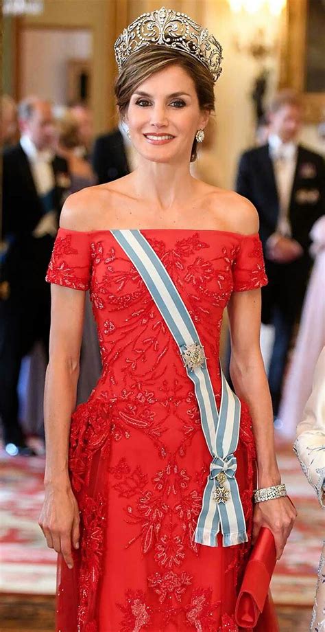 Queen Letizia Red Off The Shoulder Gown By Felipe Varela Cartier
