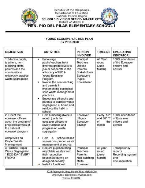 Ecosaver Action Plan Sample Republic Of The Philippines Department Of