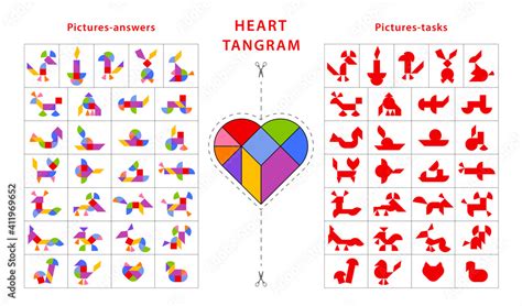 Set Of Vector Tangram Heart Puzzles Geometric Puzzle For Development