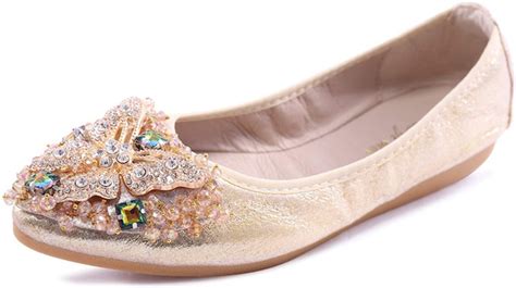 Womens Foldable Flats Rhinestone Wedding Shoes Comfort Slip On Pointed