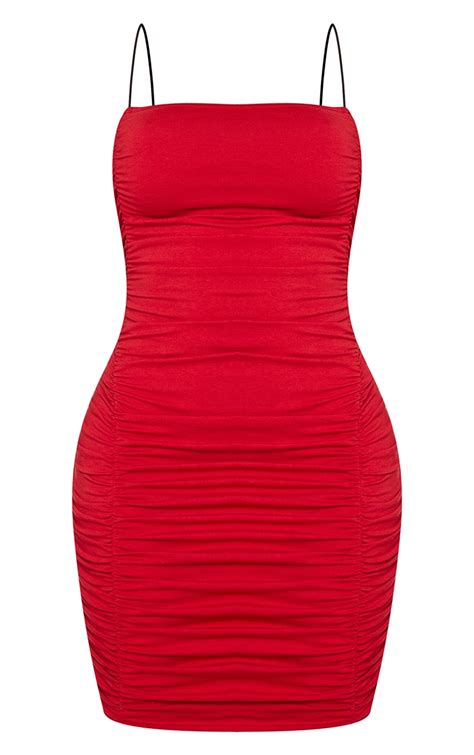 Shape Red Cotton Spaghetti Strap Ruched Bodycon Dress Prettylittlething Aus