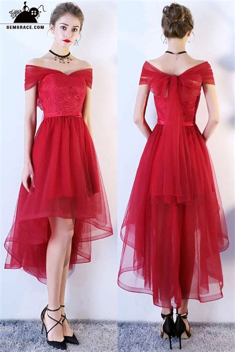 8423 Red High Low Tulle Homecoming Party Dress Off Shoulder