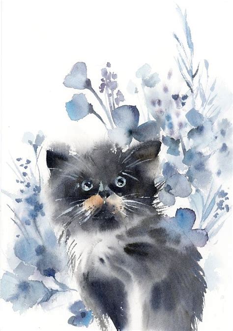 Kitten And Blue Flowers Original Watercolor Painting Kitten Painting