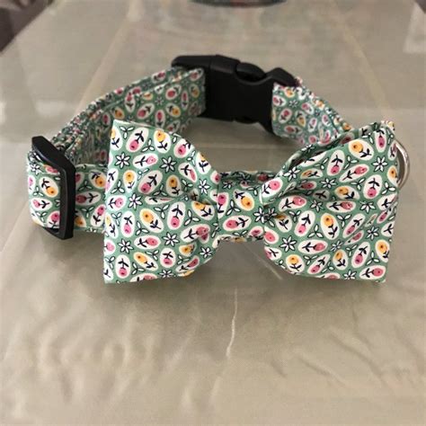 What are the options for custom dog collars? Green Floral Dog Collar | Bow Tie | Bandana | Adjustable ...