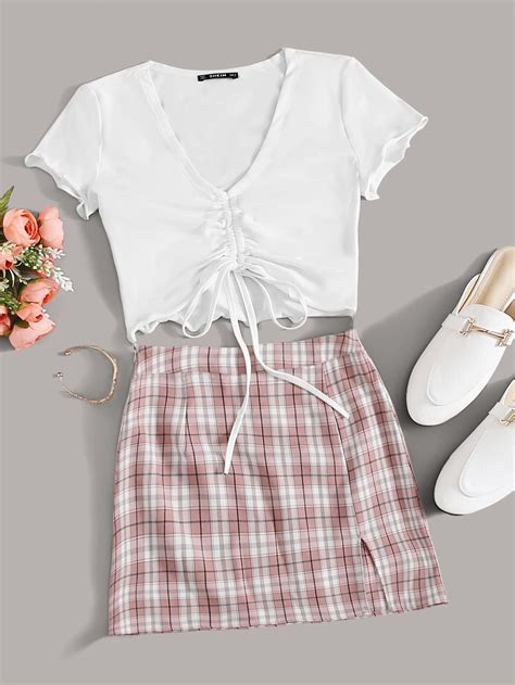 Shein Drawstring Front Lettuce Edge Top And Tartan Skirt Set Shein Outfits Trendy Summer