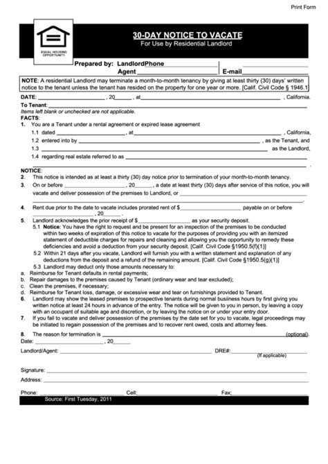 You are hereby notified that you are required to vacate the above noted rental unit by the ______ day of. Fillable 30-Day Notice To Vacate printable pdf download