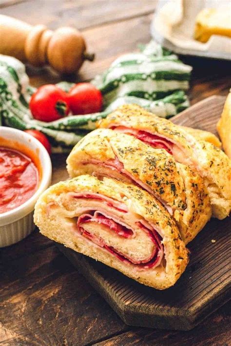 The basics are starting with either a pizza dough or a bread dough and you stuff it with cheese, pizza sauce and cold cut meats. Stromboli - Julie's Eats & Treats