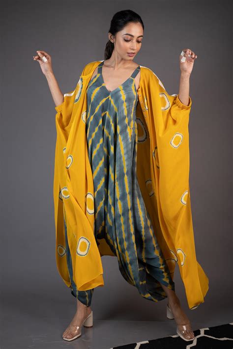 Buy Nupur Kanoi Yellow Crepe Printed Jumpsuit With Jacket Online Aza