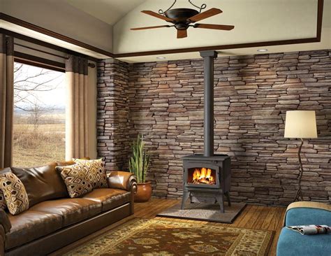 Wood Stove with ledgestone back wall | Living Room Inspiration