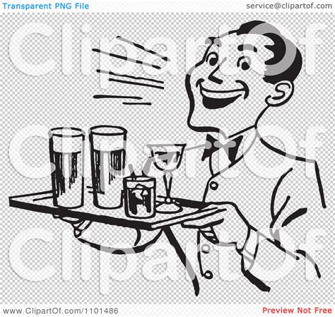 Clipart Retro Black And White Happy Waiter Serving Cocktails Royalty Free Vector Illustration