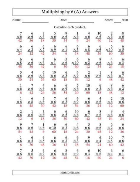 Multiplying 1 To 10 By 6 100 Questions A