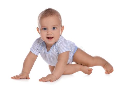 Cute Little Baby Boy Crawling On White Background Stock Image Image