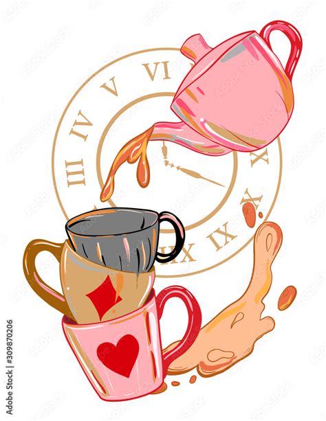 Alice In Wonderland Illustration With Teapot And Mugs Crazy Tea Party