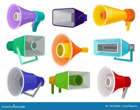 Flat Vector Set Of Different Megaphones Loud Speakers Objects For