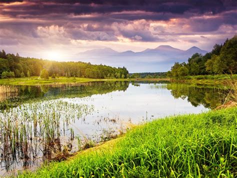 Nature Landscape Lake Water Grass Trees Mountains Sky Sunset