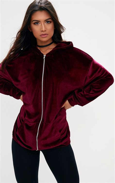 burgundy velvet oversized hoodie coats and jackets prettylittlething usa