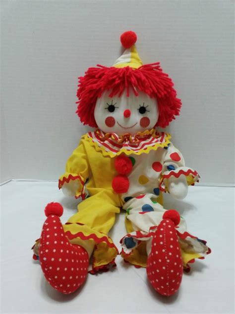 Vintage Cloth Plush Clown Doll Stuffed Toy Yarn Hair Happy Face Cuddly