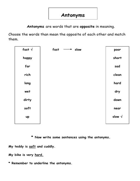 Antonyms Choose The Words Than Mean The Opposite Of Each Other