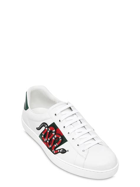 Gucci Snake Ace Embroidered Leather Sneakers In White Modesens