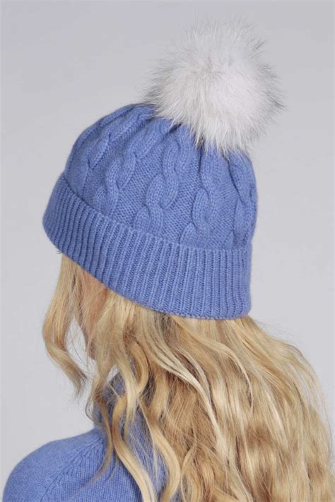 Periwinkle Blue Pure Cashmere Fur Pom Pom Cable Knit Beanie Hat Italy