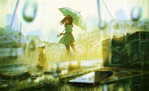 Cats Original Characters Umbrella Anime Girls Goroku Rain Hd