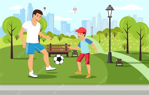 Dibujos Animados Padre Juega Al Fútbol Con Su Hijo En El Parque