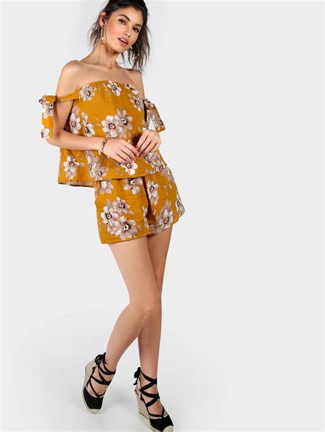 floral tie sleeve bardot top and shorts co ord shein sheinside