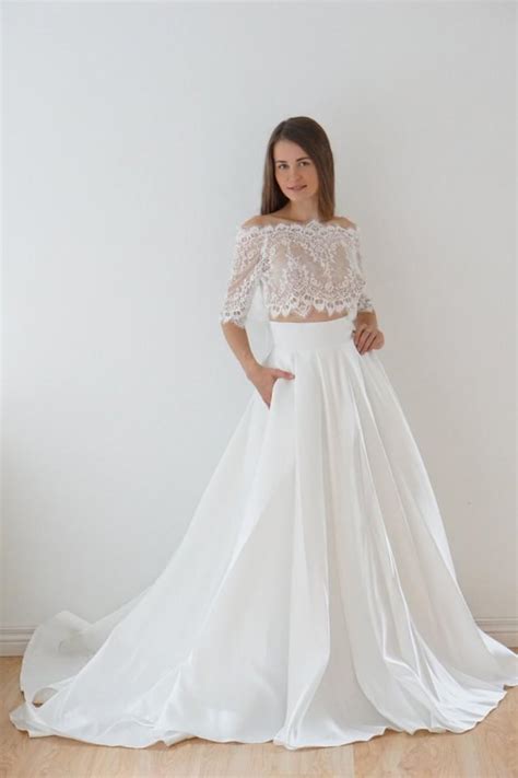 Crop Top Wedding Dress Satin Wedding Dress Lace Top