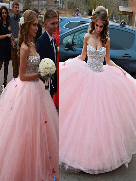 Pink Ball Gown Girls Sweet 16 Tulle Rhinestone Long Prom