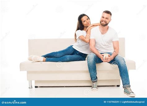 Young Attractive Couple Sitting On Couch Stock Image Image Of Couch Drink 118796039
