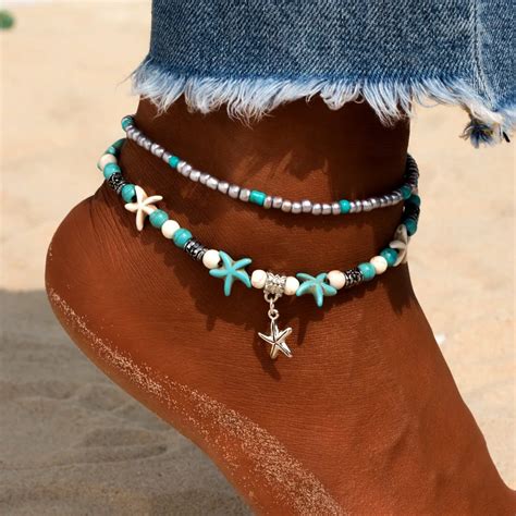 Ailend Retro Bohemian Anklet Womens Multilayer Bead Beach Pendant