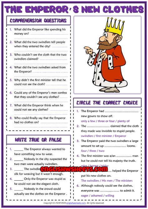 The Emperors New Clothes Esl Reading Comprehension Questions Worksheet