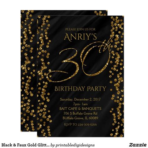 Black And Faux Gold Glitter Glam 30 30th Birthday Invitation