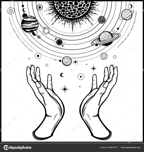 Human Hands Hold Stylized Solar System Cosmic Symbols Stars Magic Stock
