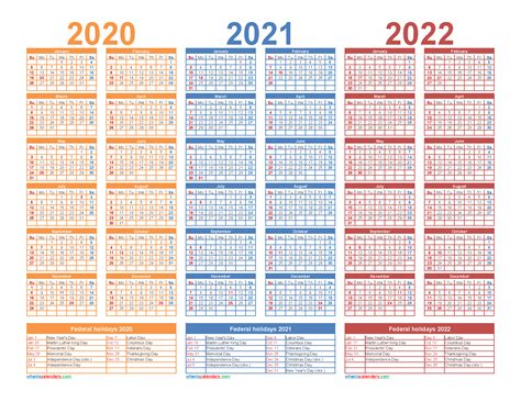 2020 2021 2022 Calendar With Holidays Printable Word