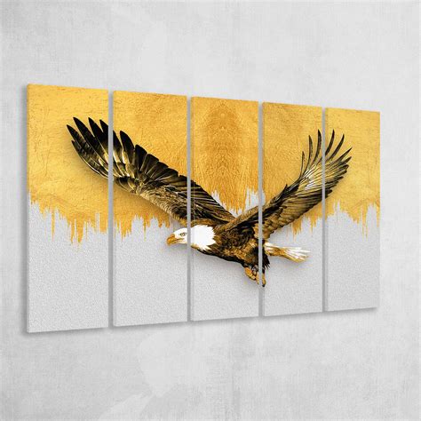 Golden Eagle Flying Grey And Gold Background Multi Panels 5 Pieces B