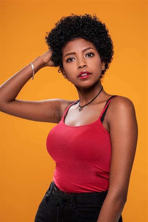 Smiling Beautiful Afro Woman Posing On Orange Studio Background Stock