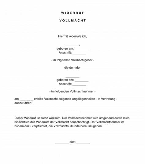 Vorlage für die vollmacht zur ummeldung. Widerruf einer Vollmacht - Muster, Vorlage Word und PDF