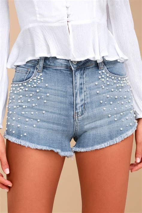 Cute Medium Wash Denim Shorts Pearl Cutoff Shorts Lulus