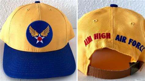 Vtg Air Force Hat Aim High Cloth Leather Trucker Military Yellow Blue