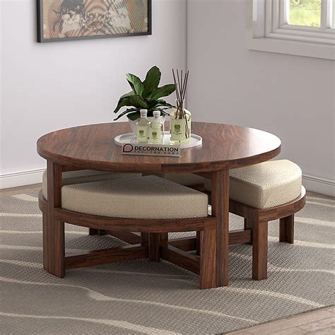 Exeter Solid Wooden Circular Coffee Table With 4 Stools Natural